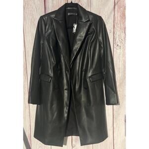 NY & Co Women’s Faux Leather Trench Coat Edgy Goth 90's Double Breasted Black S